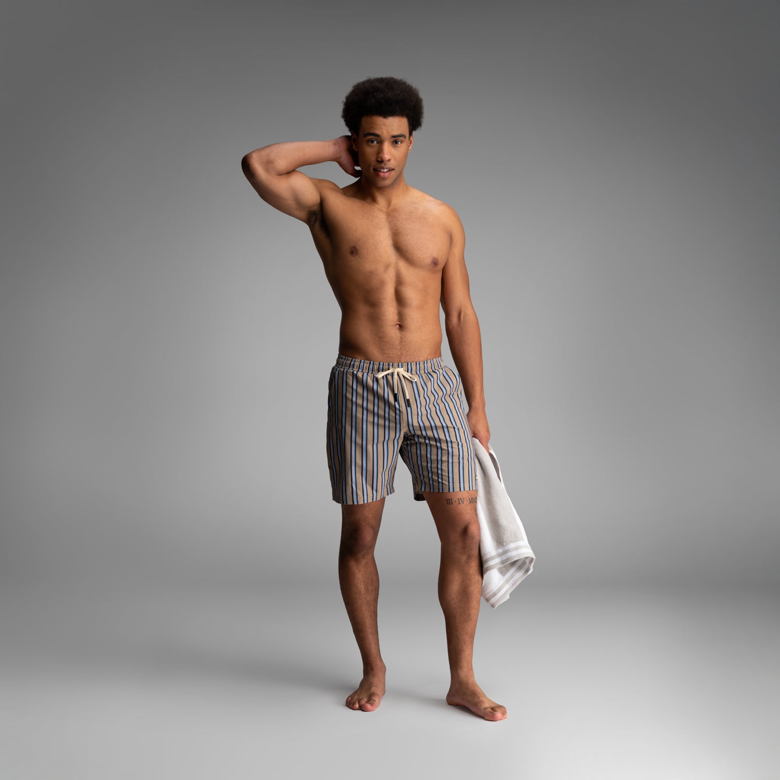 Wave 7" Swim Short 2N1 : Menswear Stripe - Beige | BN3TH Underwear