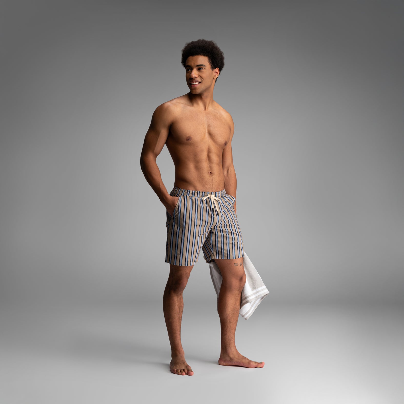 Wave 7" Swim Short 2N1 : Menswear Stripe - Beige | BN3TH Underwear
