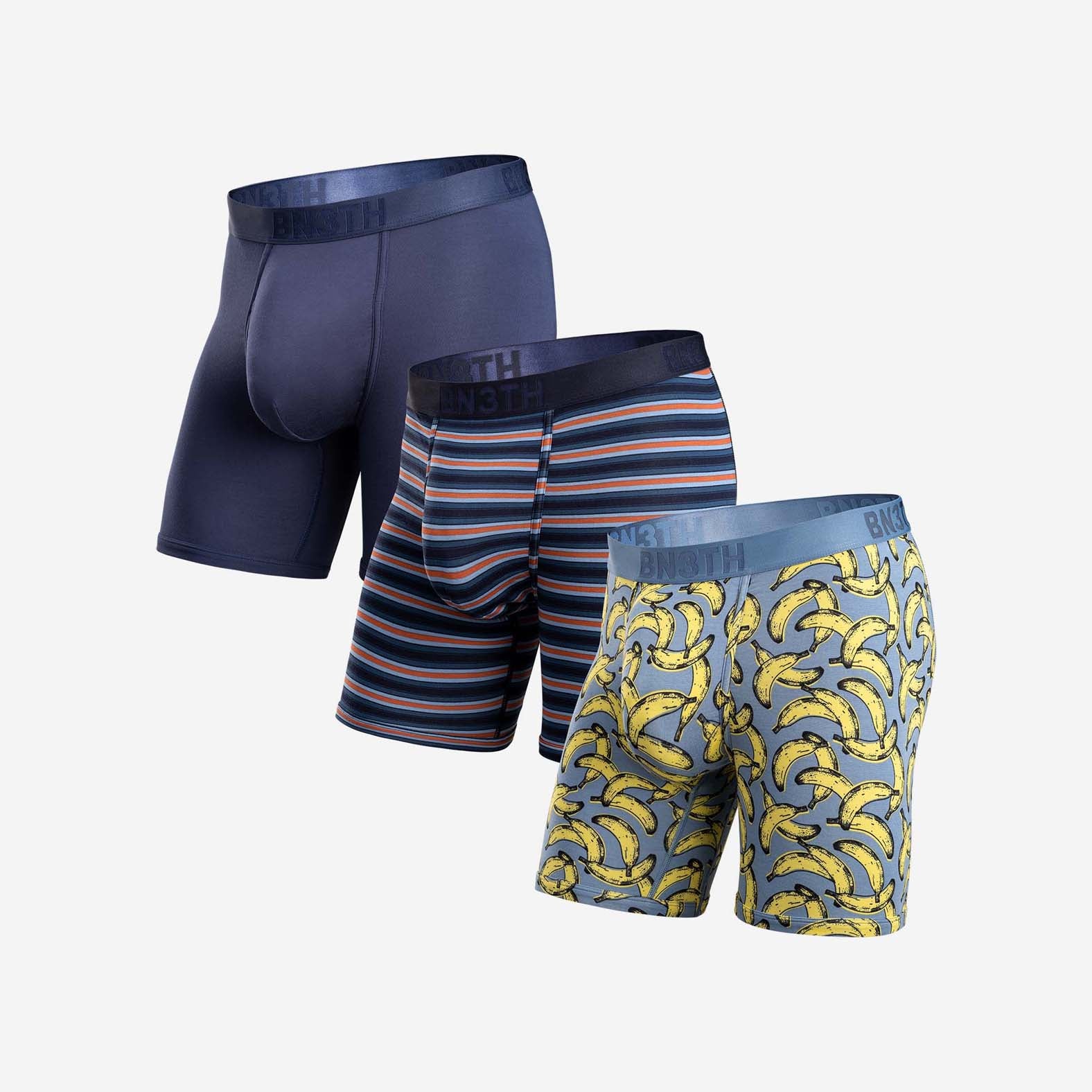 CLASSIC BOXER BRIEF: NAVY/TRACK STRIPE DARK NAVY/BANANAS FOG 3 PACK