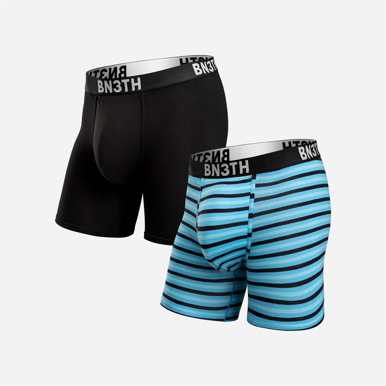 Outset Boxer Brief: Black/Mini Tricolor Stripe Turquoise 2 Pack