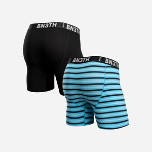 OUTSET BOXER BRIEF: BLACK/MINI TRICOLOR STRIPE TURQUOISE 2-PACK