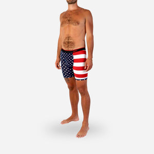 Fourth of July Ball Support Underwear - American Flag Print - Celebrate National Pride - On Male Model